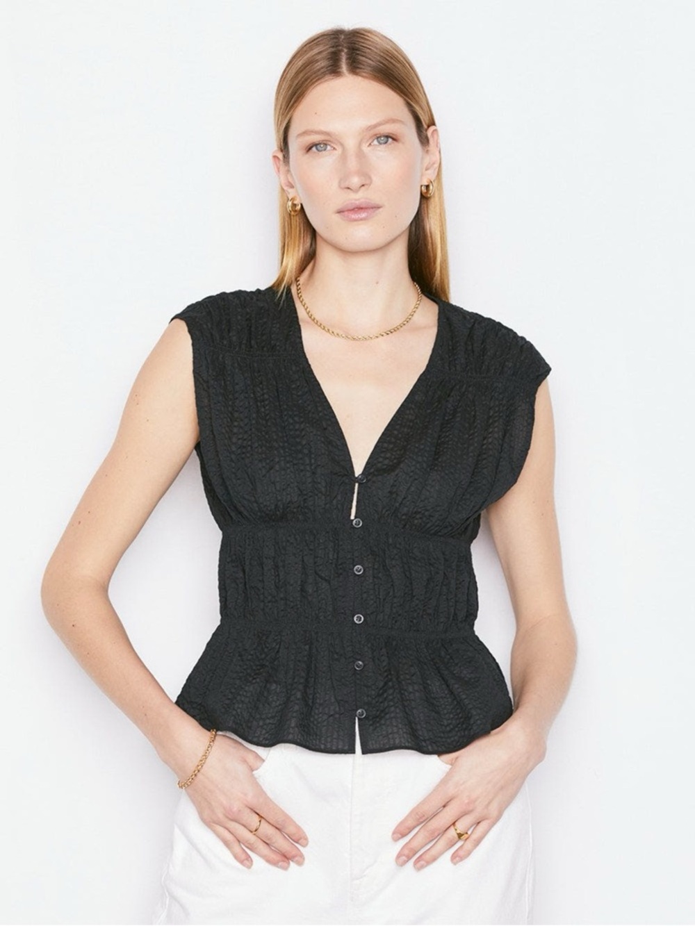 Frame Ruched Black V-Neck Button Front Sleeveless Blouse